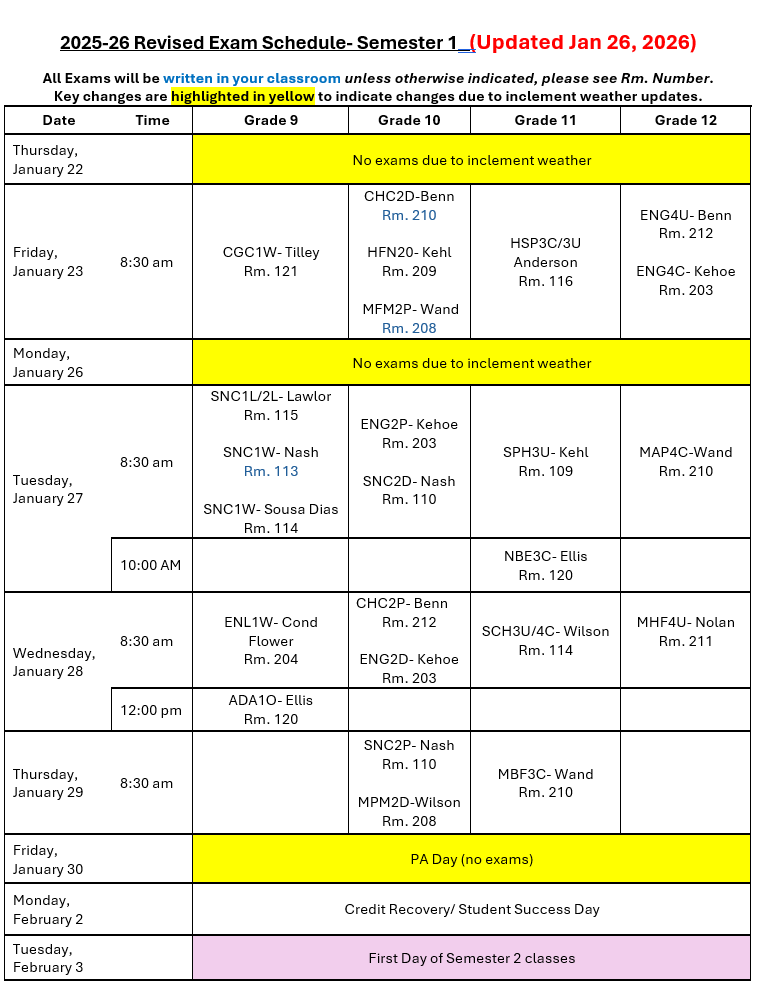 Exam Schedule Revised Jan 26